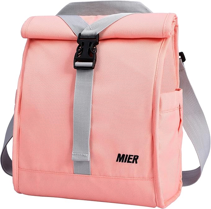 MIER Insulated Lunch Bag Roll Top Lunchbox for Women Men Adults Foldable Rolltop Lunch Tote with Shoulder Strap for Work Office Picnic, Water Bottle Holder, Pink