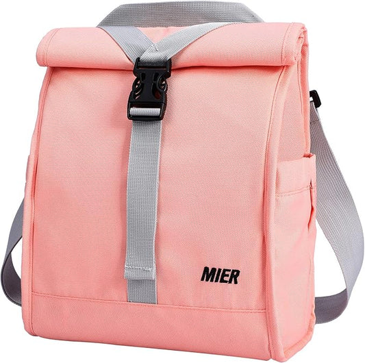 MIER Insulated Lunch Bag Roll Top Lunchbox for Women Men Adults Foldable Rolltop Lunch Tote with Shoulder Strap for Work Office Picnic, Water Bottle Holder, Pink