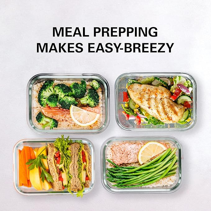 Razab 16 Pc (Set of 8) 30 Oz Glass Food Storage Containers with Lids, Airtight Large Reusable Leak Proof BPA Free Food Prep Containers, Freezer to Oven Safe