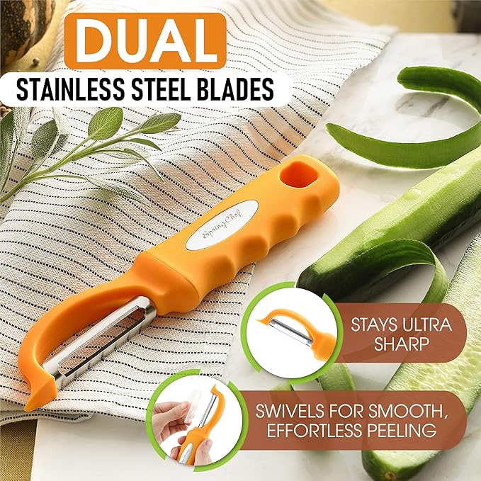 Spring Chef Premium Swivel Vegetable Peeler, Mango & Stainless Steel Magnetic Measuring Cups, Set of 7, Black - 2 Product Bundle