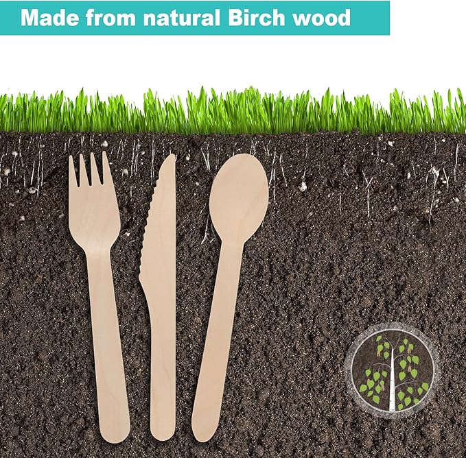 (150 Pcs) Special Edition Compostable Cutlery Set - Disposable Wooden Cutlery Set - Alternative to Plastic, Eco Friendly, Biodegradable, 50 Each Wooden Spoons, Knives, Forks Disposable Utensils Set