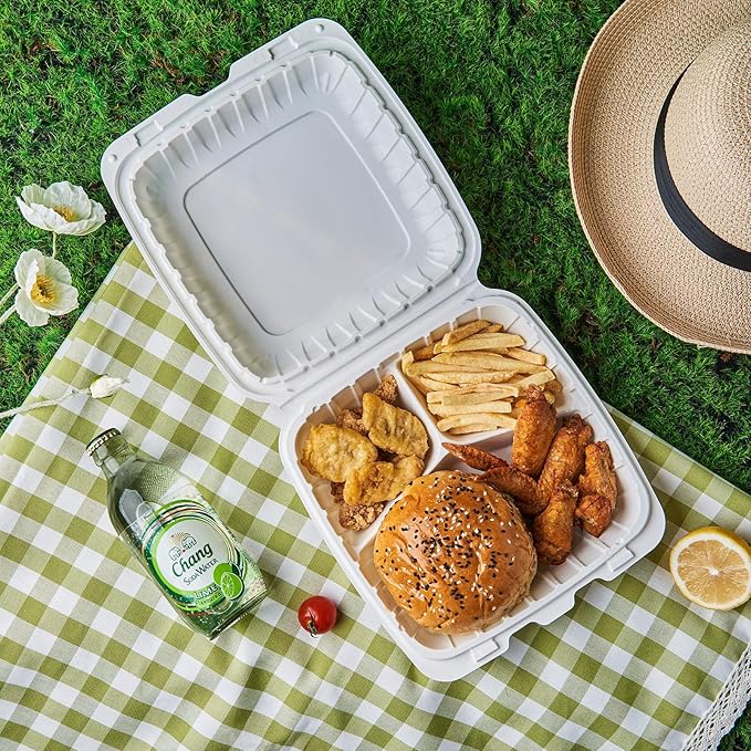 9X9 3 Compartment 50-Pack Plastic Clamshell Take Out Food Containers, Heavy Duty Disposable To-go Box For Cake, Sandwich, Salad, Dessert (Formerly FULING)