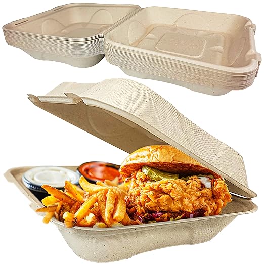 Durable, Leak-Proof Take-out Food Box, 100 Pack. Large, 9 x 9 Plant-Based, Gluten-Free Compostable Wheatstraw Fiber Clamshell Hinged Container, Microwavable and Great for Restaurant Carryout