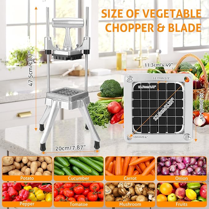 WICHEMI Commercial Onion Chopper Vegetable Cutter Fruit Dicer Heavy Duty Stainless Steel Vegetable Fruit Chopper Professional Food Dicer Cutter for French Fry Potato Pepper Tomato (1/2")
