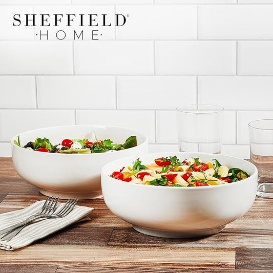 Sheffield Home Large Stoneware Serving Bowl Set - 86oz Capacity 9.5" Large Serving Bowls for Salad, Pasta, Mixing - Dishwasher and Microwave Safe Ceramic - White