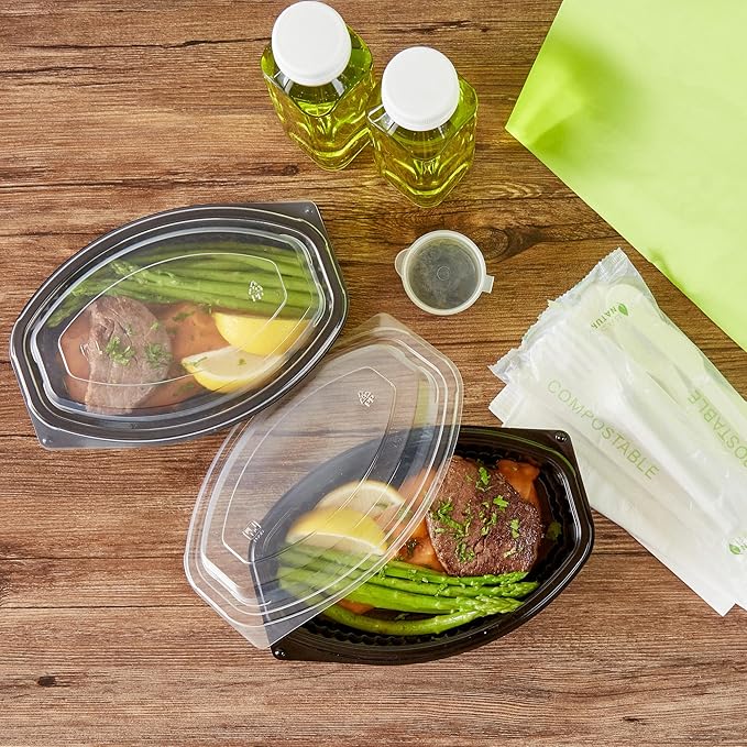 RW Base 16 Ounce Meal Prep Containers, 50 Microwavable To Go Containers With Lids - Disposable, Freezable, Black Plastic Oval Food Containers, Pack Hot And Cold Food, For Takeaway - Restaurantware