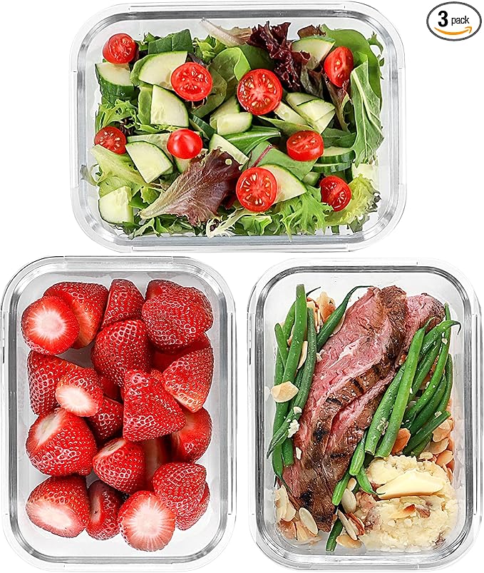 FIT Strong & Healthy 35oz Glass Meal Prep Containers with Lids 1 Compartment - Glass Lunch Box, Lunch Food Storage, Airtight Lids, Oven, Dishwasher & Freezer Safe, Leak-Proof Bento Box, Blue, 3 Pack