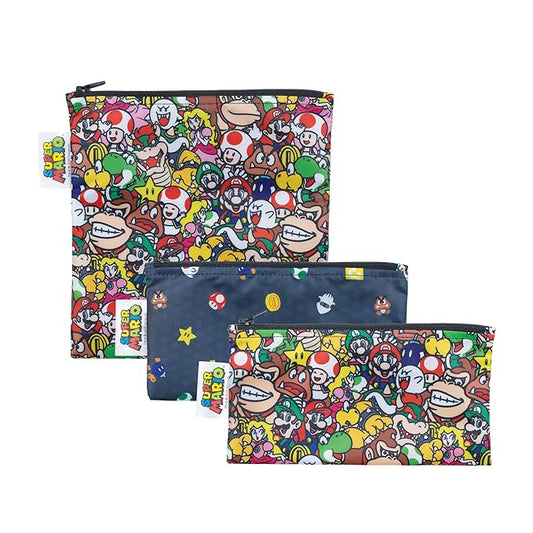 Bumkins Nintendo Reusable Sandwich and Snack Bags, for Kids School Lunch and for Adults Portion, Washable Fabric, Waterproof Cloth Zip Bag, Travel Pouch, Food-Safe, 3-pk Super Mario