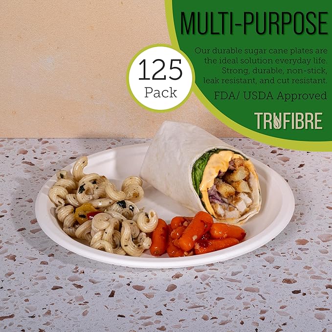 10" Paper Plates, Compostable Bagasse Food Container, Disposable, Microwave Safe for Lunch, Dinner, Party, Supplies, Events, Bulk, 125 Pack