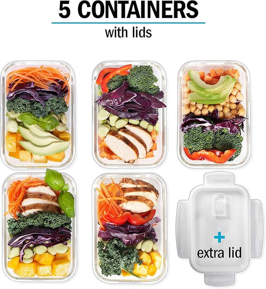 Igluu Meal Prep Glass Containers with Lids (5 pack + extra lid) - Meal Prep Containers Reusable, Microwave, Oven, Freezer & Dishwasher Safe - Food Storage Containers with Steam Vent Lids (840ml 28oz)