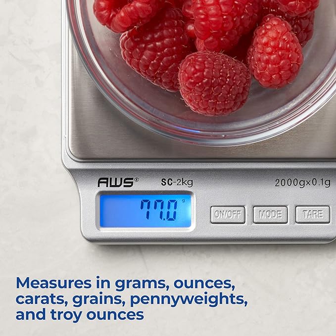 American Weigh Scales SC Series Precision Digital Kitchen Weight Scale, Food Measuring Scale, 2kg x 0.1g (Silver), AMW-SC-2KG
