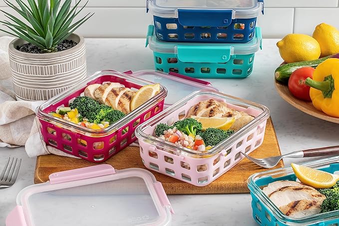 Ello Duraglass 3.4 Cup Meal Prep Sets 10Pc, 5 Pack Set- Glass Food Storage Container with Silicone Sleeve and Airtight BPA-Free Plastic Lids, Dishwasher, Microwave, and Freezer Safe, Evening Orchard
