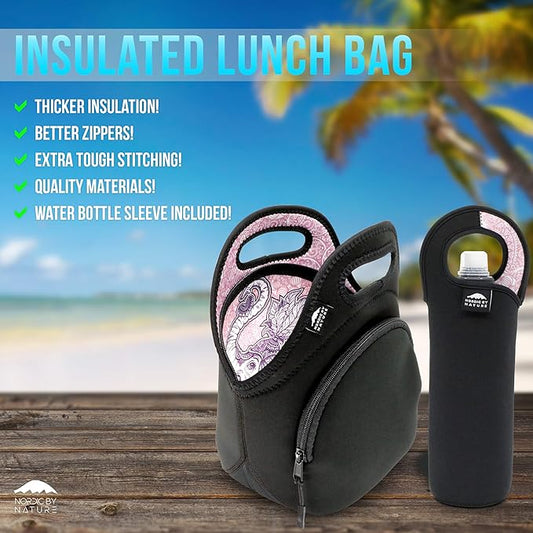 Nordic By Nature Neoprene Lunch Bag For Women, Men & Kids Extra Thick Insulated Neoprene Lunch Tote With Water Bottle Sleeve Durable Reusable Machine Washable Extra Pocket YKK Zippers (Elephant)