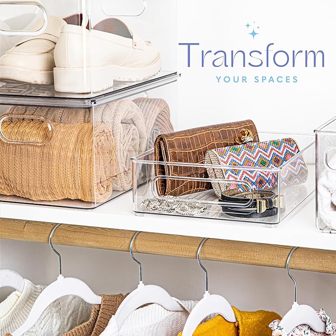 Plastic Food Storage 8 Pack Clear Container Bin with Handles for Organizing Kitchen, Pantry, Refrigerator, Freezer, Pantry, Cabinet, Closet, Bathroom. Stackable 10”x8”x3”