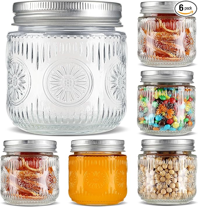 Mason Jars 8 oz - Small Glass Mason Jars with Silver Metal Lids, Regular Mouth Canning Jars, Safe For Storage, Canning, Pickling, Preserving, Fermenting, DIY Crafts & Decor (6Pack)