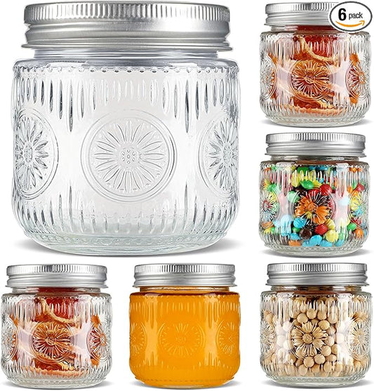 Mason Jars 8 oz - Small Glass Mason Jars with Silver Metal Lids, Regular Mouth Canning Jars, Safe For Storage, Canning, Pickling, Preserving, Fermenting, DIY Crafts & Decor (6Pack)