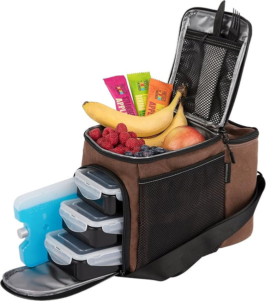 EVOLUTIONIZE Meal Prep Bag - Full Meal Prep Lunch Box Management System includes Portion Control Meal Prep Containers + Ice Pack (3 Meal Insulated Cooler Bag, Black) (3 Meal, Brown (Waxed Canvas))