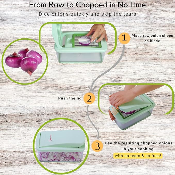 Brieftons QuickPush Food Chopper: Vegetable Dicer Slicer, Onion Cutter, 3 Extra-Large Blades with 200% More Cutting Area to Chop Dice Slice Vegetables, 2.6-Quart Container