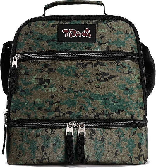 Tilami Lunch Bags Insulated Adjustable Strap Zipper, Two Compartments Cooler Bags, Bento Bags for Kids Toddlers (Camouflage)