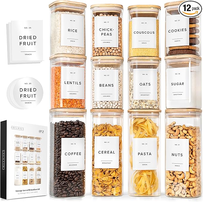 Square Glass Storage Containers with Bamboo Lids 12-Pack (4x 30 oz, 8x 17 oz) Airtight Storage Jars with Lids for Food, Stackable Kitchen Canisters with 114 Labels for Pantry [Thicker Glass 3mm]