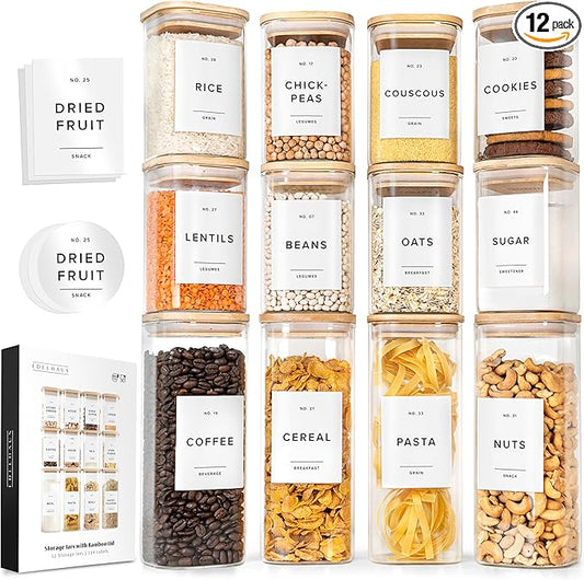Square Glass Storage Containers with Bamboo Lids 12-Pack (4x 30 oz, 8x 17 oz) Airtight Storage Jars with Lids for Food, Stackable Kitchen Canisters with 114 Labels for Pantry [Thicker Glass 3mm]