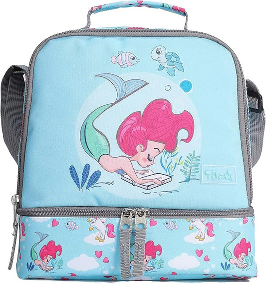 Tilami Lunch Bags Insulated Adjustable Strap Zipper, Two Compartments Cooler Bags, Bento Bags for Kids Toddlers (Mermaid)