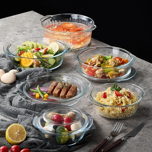 Glass Food Storage Containers with Lids, 5-Piece Nesting Bowl Set, Microwave Safe Bakeware Serving, Cooking, Microwave and Dishwasher Safe Bakeware-0.7L+1L+1.5L+2L+2.5L