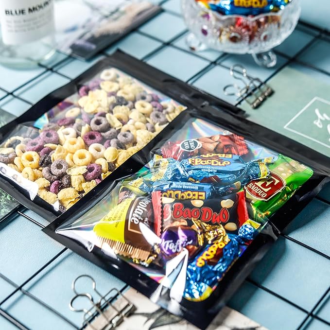 100 Pcs Black Holographic Mylar Bags with Window Smell Proof for Food Storage and Small Business(5.5×8Inch)