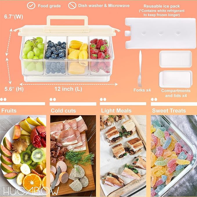 Portable Snackle Box Container with Ice Pack, 4 Large Compartments Chilled Travel Charcuterie Tray with Lid & Forks, Cooling Divided Serving Tray, for Outdoor Parties, Picinics