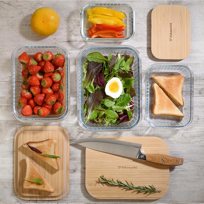 Set of 4 Stackable Space-Saving Nesting Glass Containers with Airtight Bamboo Lids - Lunch, Meal & Food Prep - Microwave & Oven Safe BPA Free Durable Heat Resistant Inert Borosilicate Glass