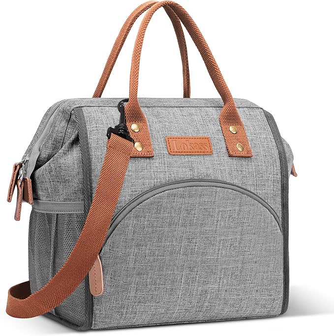 LOKASS Lunch Bag Insulated Lunch Box Wide-Open Lunch Tote Bag Large Drinks Holder Durable Nylon Snacks Organizer with Removable Shoulder Strap for Women Men Adults Work Outdoor,Grey