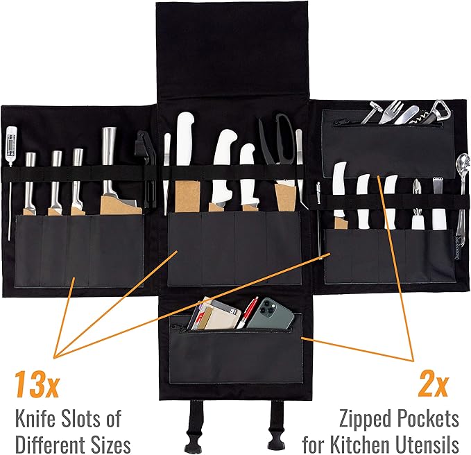 Under NY Sky Genuine Leather Knife Bag - Leather Knife Case - 13 Slots, 2 Zipped Pockets for Kitchen Utensils, Cutlery Knives - Tablets & Notebooks Pocket - Tool Storage Bag Style for Chefs - Black