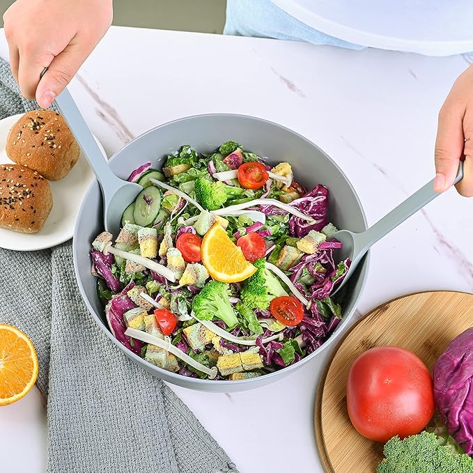Bamboo Fiber Salad Bowl with Servers Set - Large 9.8 inches mixing bowls Solid Bamboo Salad Wooden Bowl with Bamboo Lid Spoon for Fruits,Salads and Decoration (Grey, 9.8INCH)