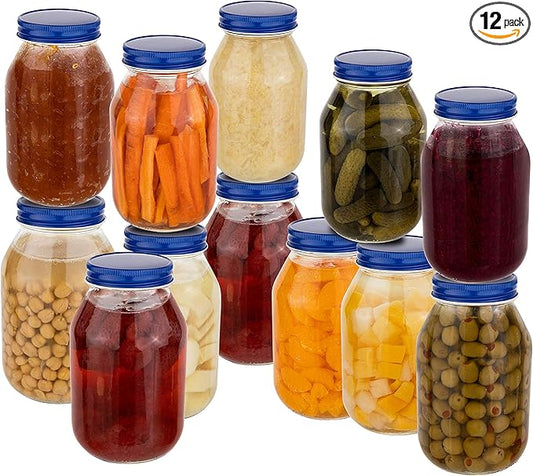 12 Pack of 32oz Mayo Style Glass Mason Jars and Metal Leak Proof Lids for Pickling, Fermenting, Canning and Storing. Containers for Pickles, Kombucha, Preserves, Sauces, Kefir, Fruits