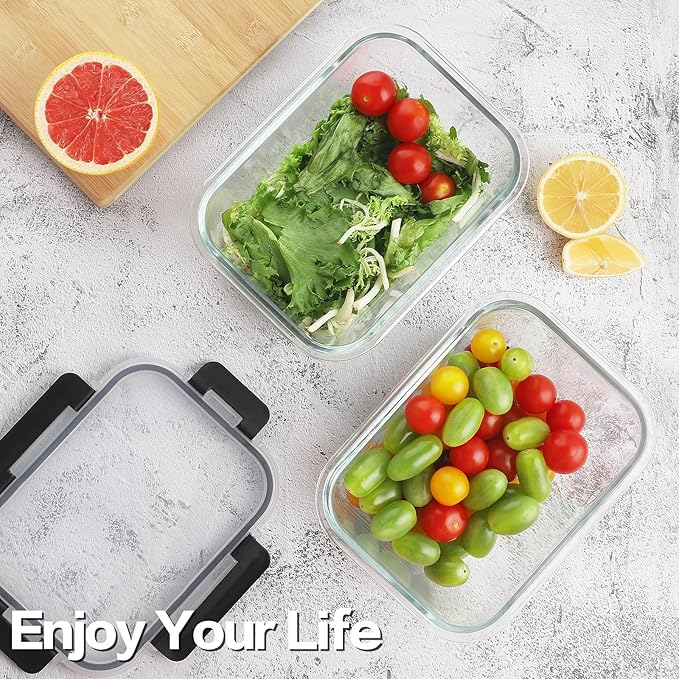 HOMBERKING 10 Pack Glass Meal Prep Containers with Locking Lids, Glass Food Storage Containers Set, Airtight Glass Lunch Bento Boxes, BPA-Free & Leak Proof, 36oz & 14oz(10 lids & 10 Containers), Black