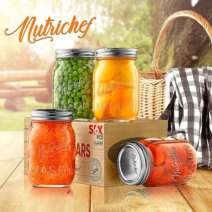 NutriChef 4-Pack 16 oz Mason Jars with Lids - Thick Glass Canning Jars with Stainless Steel Lids - Ideal for DIY Spices, Meal Prep, Overnight Oats, Jelly, Jam, Honey, Candles, Crafts, & More