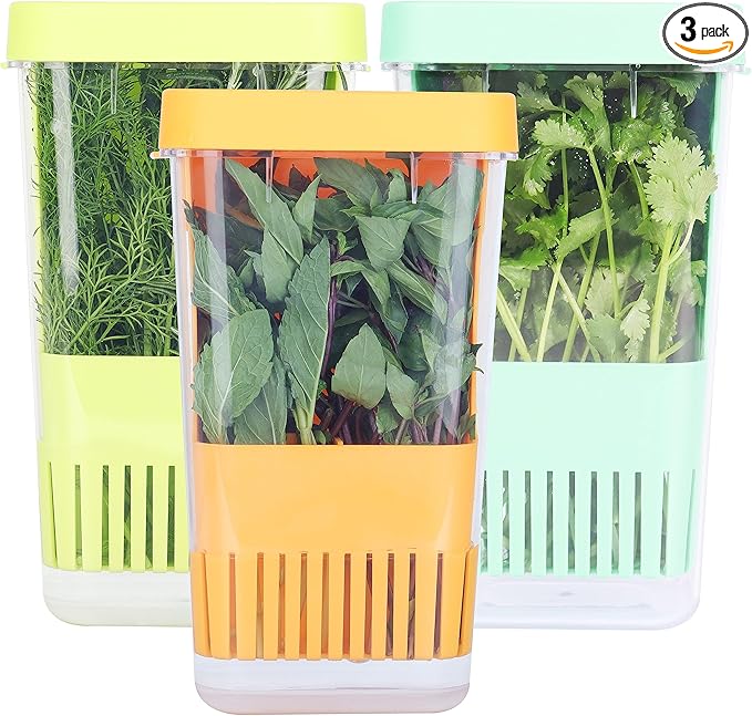 3 Pack Fresh Herb Keeper for Refrigerator, Clear BPA-Free Herb Saver, Storage Container for Cilantro, Parsley, Thyme, Mint & Asparagus, Preserver Keeps Fresh Herbs, Green & Blue & Orange