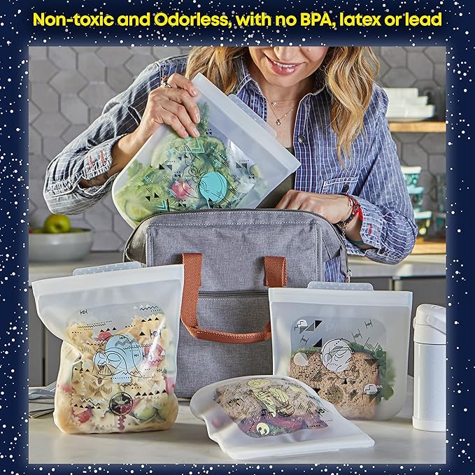 Pyrex Platinum Silicone 4-Pc Storage Set, 2 Reusable Sandwich Bags, 2 Reusable Half-Gallon Freezer Bags, Non-Toxic, BPA-Free, Airtight & Leak-Proof, Microwave, Freezer Safe, Star Wars
