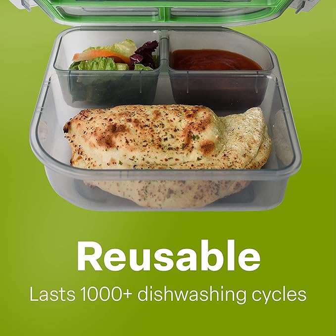 Small to-Go 3-Compartment Food Container, 8" x 8" x 2-1/2", Reusable, Microwave Safe, NSF Certified, Smoke/Green