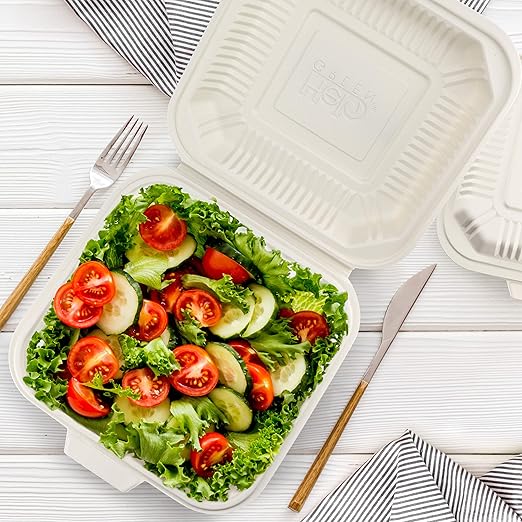 [100 Count] Eco Friendly To Go Containers (8" x 8", 1-Compartment) - Non Soggy, Leak Proof, Disposable To Go Boxes Made From Cornstarch - Microwave Safe and Ideal for Take Out Food Containers, Leftovers, Lunches