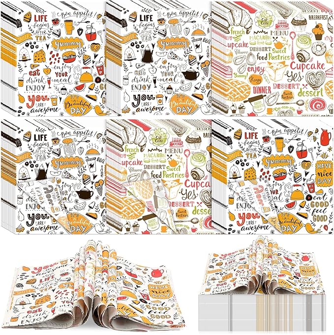 Fumete 600 Pcs 12 x 12 Inch Deli Paper Sheets Bulk Grease Proof Sandwich Wrapping Paper Disposable Kraft Food Tray Basket Liners for Picnic BBQ Festival Party Restaurant Supply, 3 Style Patterns