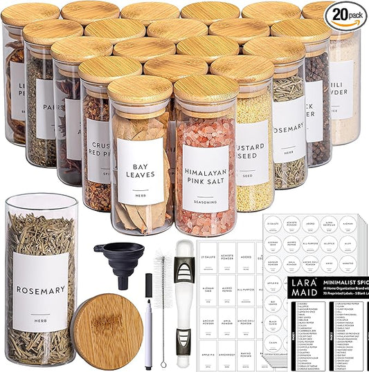 Laramaid 4oz 20Pack Spice Jars with Minimalist Spice Labels, Round Jar Canisters with Polished Bamboo Lids, Adjustable Measuring Spoon, Black Pen, Cleaning Brush & Collapsible Silicone Funnel