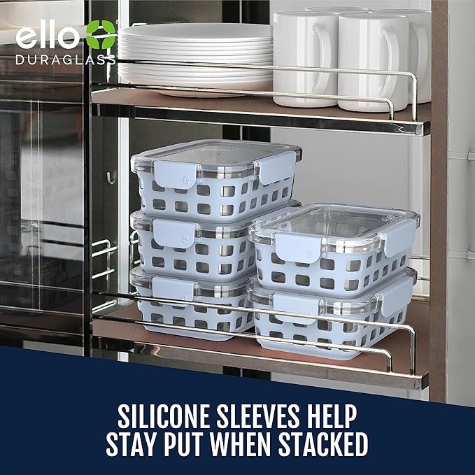 Ello Duraglass 3.4 Cup Meal Prep Sets 10Pc, 5 Pack Set- Glass Food Storage Container with Silicone Sleeve and Airtight BPA-Free Plastic Lids, Dishwasher, Microwave, and Freezer Safe, Halogen Blue