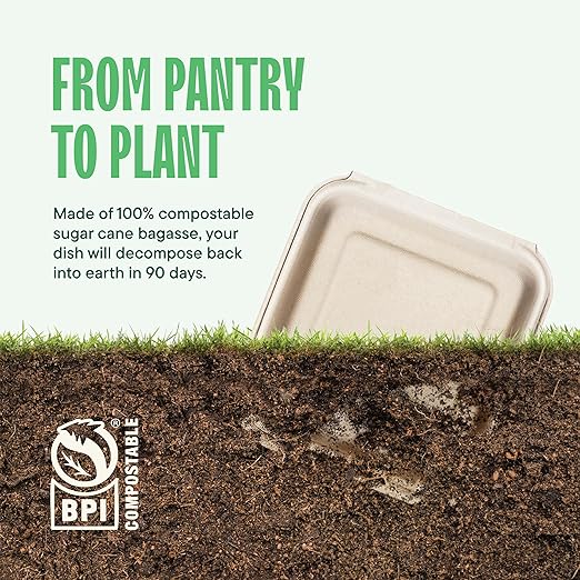 100% Compostable To Go Containers 9x9" 3-Compartment Clamshell Take Out Food Container with Hinged Lid - Disposable Togo Plates - Eco-Friendly Takeout Box Made of Sugar Cane Bagasse [50-Pack]
