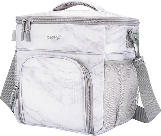 Bentgo Prep Deluxe Insulated Multimeal Bag - Lunch Box Bag, Holds 5 Meals, Premium Insulation up to 8 Hrs, Durable, Water-Resistant - Large Capacity For Adult Meal Prep (White Marble)