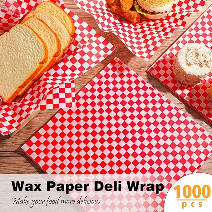 1000 Sheets Wax Deli Paper Sheets for Food 12 x 12 Inch Checkered Dry Waxed Deli Basket Liners for Sandwich Wrapping, Food Basket Liners, Picnic party(Red-white)
