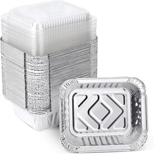 1LB Aluminum Pans with Clear Lids (50PACK)，Foil Pans - to Go Food Containers，Recyclable Aluminum Foil with Strong Seal for Freshness & Spill Resistance- 5.5"x 4.5"x 1.57"