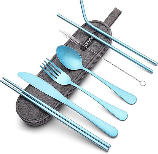 Portable Stainless Steel Flatware Set, Travel Camping Cutlery Set, Portable Utensil Travel Silverware Dinnerware Set with a Waterproof Case (Light Blue)
