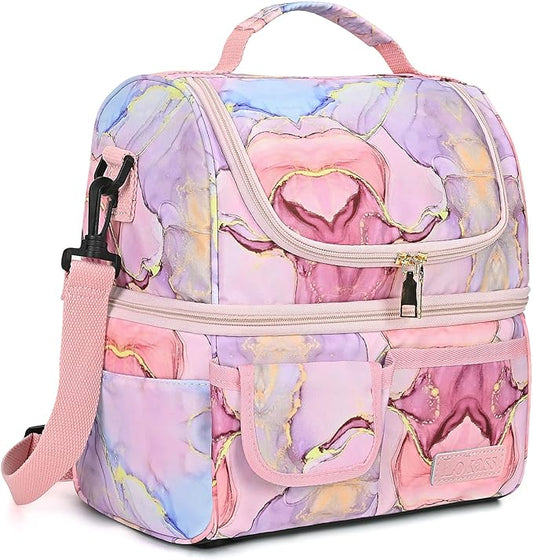 LOKASS Lunch Bags for Women Double Deck Insulated Lunch Box Large Cooler Tote Bag with Removable Shoulder Strap Wide Open Thermal Meal Prep Lunch Organizer Box for Adults/Work/Outdoor, Pink