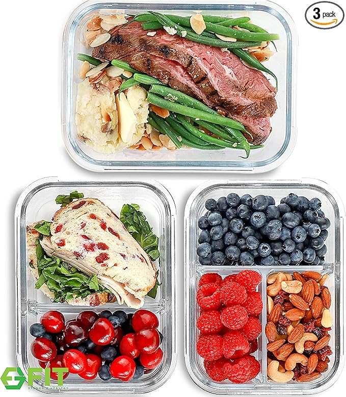 FIT Strong & Healthy Glass Meal Prep Containers with Lids, 1 & 2 & 3 Compartments – Portion Control Containers, Glass Lunch Box, Food Storage, Leak-Proof, Oven & Freezer Safe, 35 oz, Blue, 3 Pack